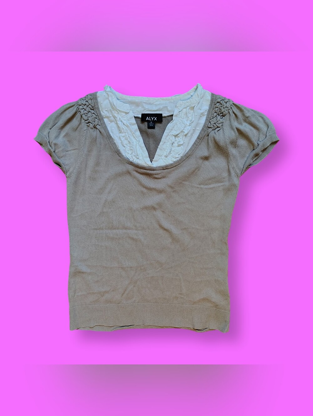 Y2k Vintage Womens Ruffle Dark Academia Top Collared Blouse Medium Light Gray